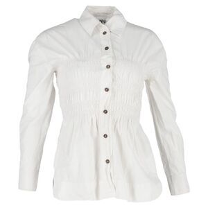 Ganni Shirred Long Sleeve Shirt in White Cotton